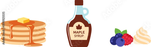 Stack of pancakes with syrup, butter, berries, and whipped cream, plus maple syrup bottle