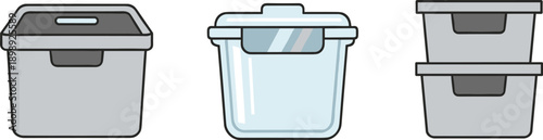 Set of three modern food storage containers with lids, isolated on white background