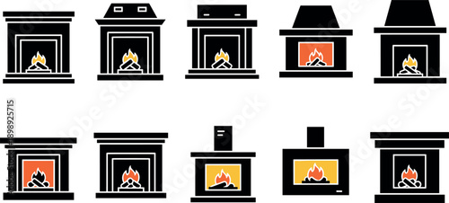 Vector illustrations of various fireplace designs and styles isolated on white background