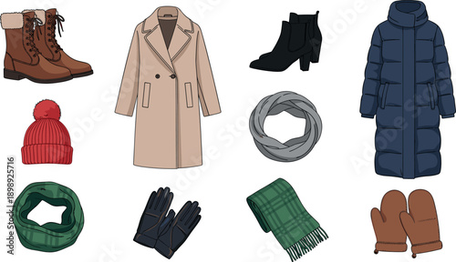 Winter clothing and accessories arranged on a white background