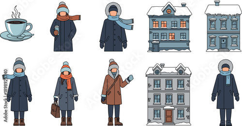 People bundled up in winter clothing with hot drink and buildings