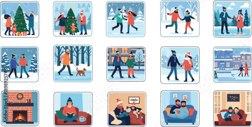 Collection of people enjoying winter activities and holidays at home