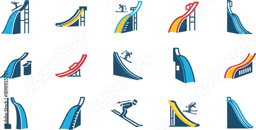 Collection of various ski jump ramps and slopes icons in different styles