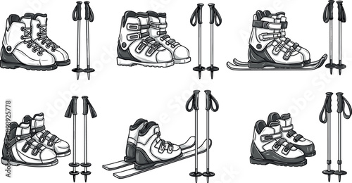 Ski boots and ski poles on white background for winter sports