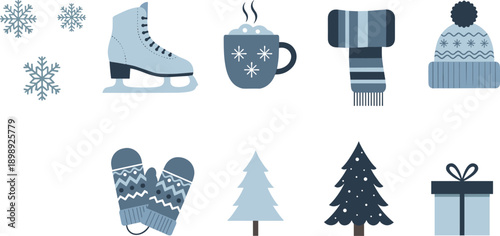 Winter icons including ice skate, mug, scarf, hat, and christmas tree on white background
