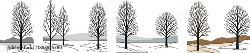 Illustration of bare trees in a snowy landscape with changing seasons