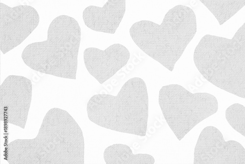 White grey pattern with soft textured hearts in neutral Cloud Dancer color on white canvas. Concept of love, tenderness, Valentine's Day, minimalist romantic background