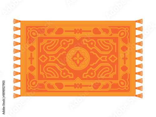 A vibrant orange rug with intricate designs and tassels on a white background