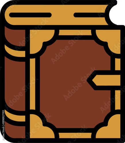 A cartoon illustration of a brown and gold book with a black outline on a white background