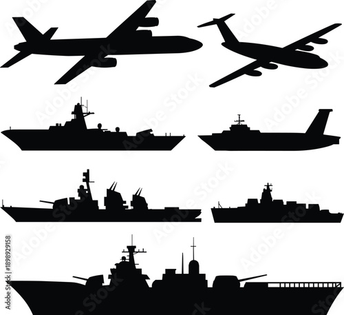 Collection of black silhouette of military aircraft and naval warships for transportation and defense themes
