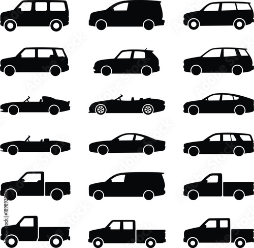 Diverse collection of black silhouette showcasing various car models including SU Vs sedans convertibles and pickup trucks