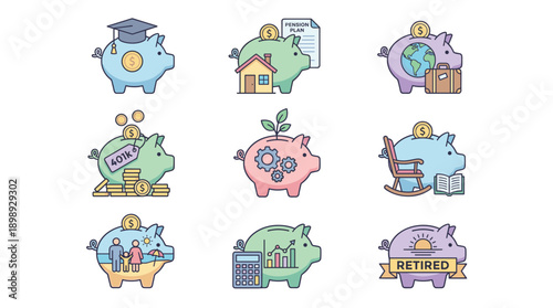 Set of retirement savings piggy bank icons in flat design with pastel colors. Financial planning concepts including 401k, pension, travel, education, home ownership, family, and investment growth.