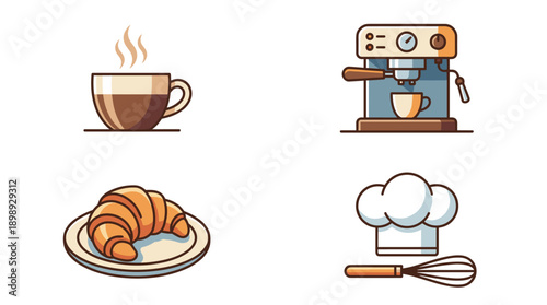 Vector Illustration Set of Coffee Shop and Bakery Icons Featuring Steaming Espresso Cup, Professional Coffee Machine, Fresh Croissant on Plate, and Chef Hat with Whisk for Cafe Branding Design