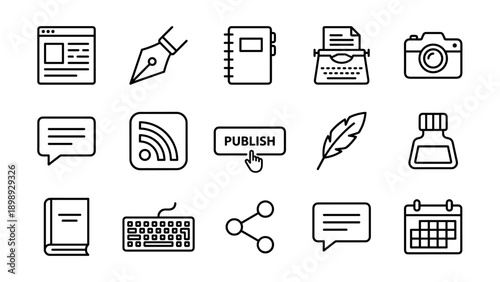 Minimalist blogging and writing line icons featuring web browser, fountain pen, notebook, typewriter, camera, chat bubble, RSS feed, publish button, quill, inkwell, book, keyboard, share, calendar
