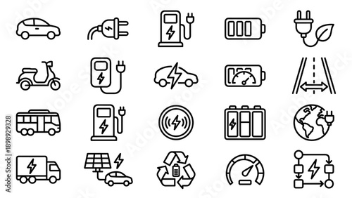 Professional Set of 20 Electric Vehicle Line Icons Featuring EV Cars, Charging Stations, Battery Levels, Eco-Friendly Plugs, Solar Power, Electric Bus, Scooter, and Sustainable Transport Symbols.