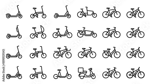 Vector Set of Electric Scooter and Bicycle Line Icons in Minimalist Style; Collection of Urban Mobility Symbols Including E-Bikes, Folding Cycles, Cargo Bikes, and Kick Scooters for Modern Design