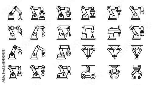 Vector Set of Industrial Robotic Arm Icons for Automation and Manufacturing. Minimalistic Line Art Collection of Mechanical Grippers, Assembly Line Robots, and Factory Technology on White.