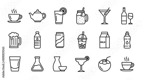 Collection of 18 minimalist beverage line icons including coffee, tea, juice, smoothie, cocktail, wine, beer, water, soda, bubble tea, milk, sports drink, shot, sake, margarita, and coconut water.