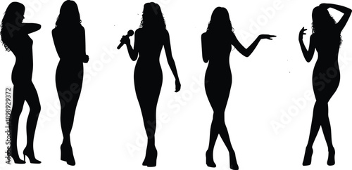 Five black silhouettes of women in fashionable poses, one holding a microphone, representing style, confidence, and entertainment