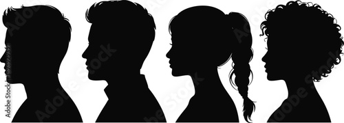 Four distinct black silhouettes of human profiles showcasing diverse hairstyles and gender representations against a clean white background
