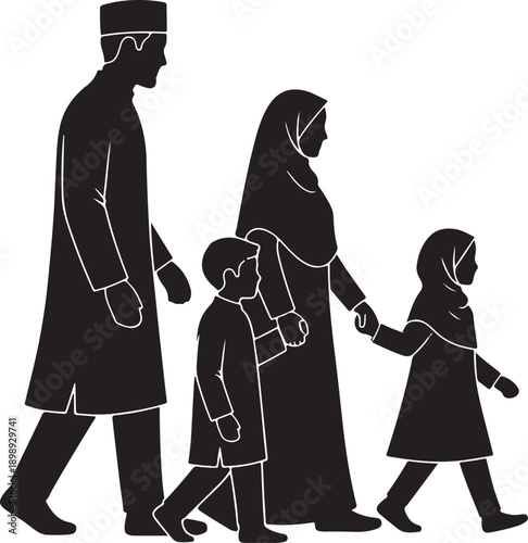 Silhouette of an Arab family, parents and two children, walking hand-in-hand with traditional clothing.