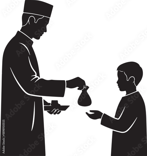 Silhouette of an elder man in traditional Islamic clothing giving money to a young boy.