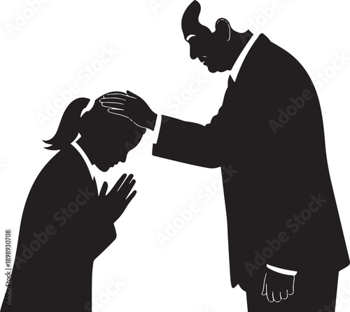 Silhouette of a father blessing his praying daughter, conveying guidance and religious tradition.