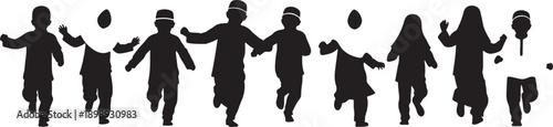 Silhouettes of happy Muslim children running and playing together, some holding hands, embodying joy and childhood energy.
