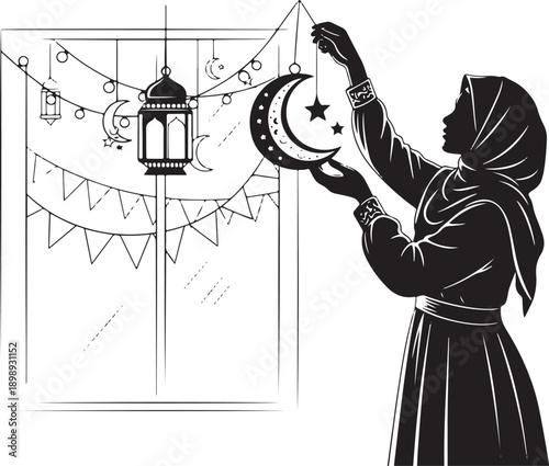 Silhouette of a Muslim woman in a hijab decorating a window with crescent moon and star ornaments, festive Ramadan or Eid preparation.