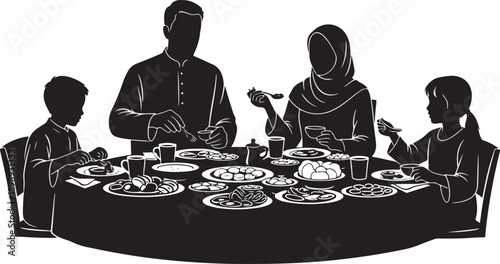 Silhouette of a Muslim family enjoying a festive meal together around a richly laden table, symbolizing togetherness and celebration.