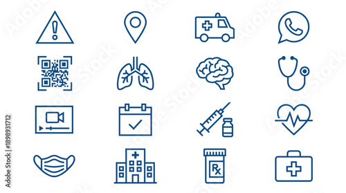 Set of 16 Blue Line Healthcare and Telemedicine Icons Featuring Vaccination, Medical Symbols, Ambulance, Brain, Lungs, Stethoscope, Syringe, Face Mask, Hospital, Heart Rate, and First Aid Kit