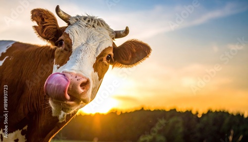 Close-up portrait of a brown and white cow licking its nose at golden sunset light