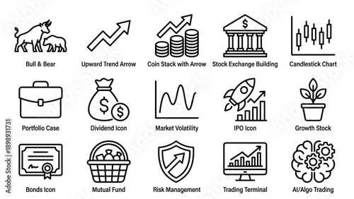 Set of 15 minimalist stock market and investment line icons featuring bull and bear, upward trend, coin stacks, exchange building, candlestick chart, portfolio, dividend, IPO, and algo trading.