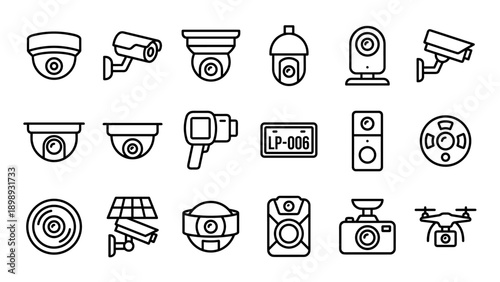 Comprehensive set of 18 security and surveillance camera line icons featuring dome, bullet, PTZ, thermal, body cam, dash cam, and drone technology for home safety, monitoring, and protection.