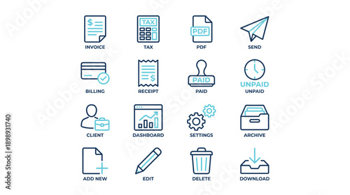 Professional duotone icon set for business and financial management UI. Features 16 icons including invoice, tax, PDF, send, billing, receipt, paid, unpaid, client, dashboard, settings, archive, add