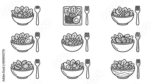 Minimalist Line Art Vector Icon Set of Healthy Vegan Salad Bowls with Forks. Black and White Grid Layout Featuring Unique Fresh Vegetable, Fruit, and Grain Salad Bowls for Menu Design and Web.