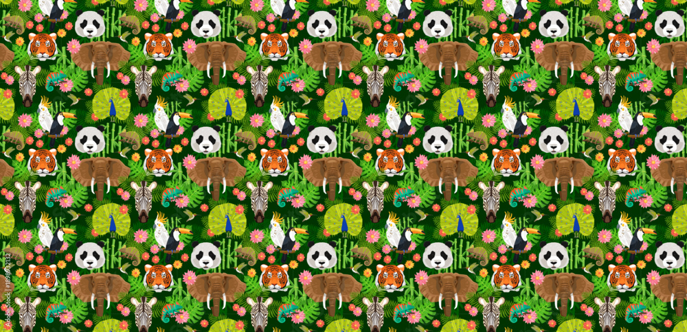 Naklejka premium Wild Animal Pattern: A vibrant and colorful pattern featuring a diverse array of adorable wildlife nestled amidst lush green foliage. Capturing the spirit of the rainforest's inhabitants and life.