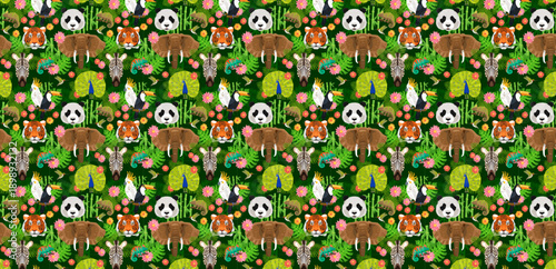 Wild Animal Pattern: A vibrant and colorful pattern featuring a diverse array of adorable wildlife nestled amidst lush green foliage. Capturing the spirit of the rainforest's inhabitants and life.