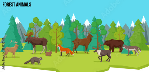 Forest Animals Illustration: A vibrant illustration showcasing a variety of forest animals in their natural habitat, surrounded by trees and mountains, evoking a sense of wilderness.