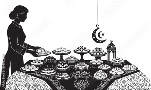 Woman in silhouette arranging a lavish spread of diverse Middle Eastern sweets and desserts on a table for a celebration, with a lantern and crescent moon.