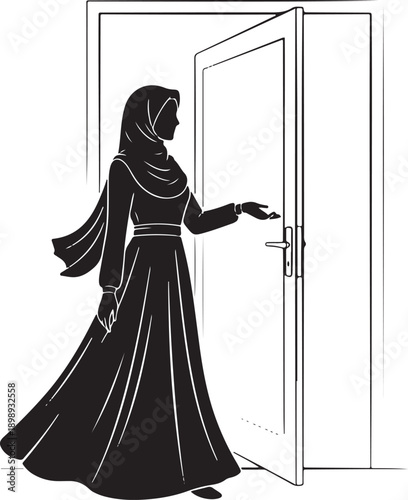 Elegant Muslim woman in a flowing hijab and dress, opening a door to welcome guests, silhouette in black and white, symbolizing hospitality and invitation.