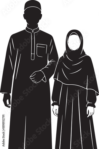 Muslim man and woman standing together, dressed in traditional attire, silhouette illustration.