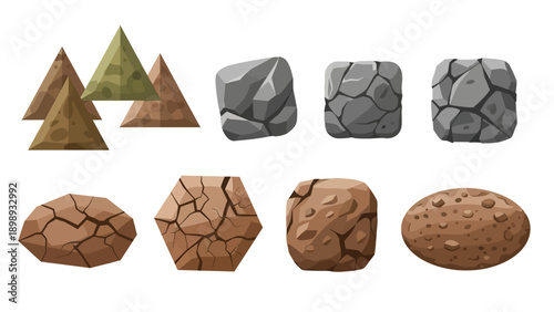 Collection of rocks and stones in various shapes and textures, displayed against a neutral background from a straightforward viewpoint