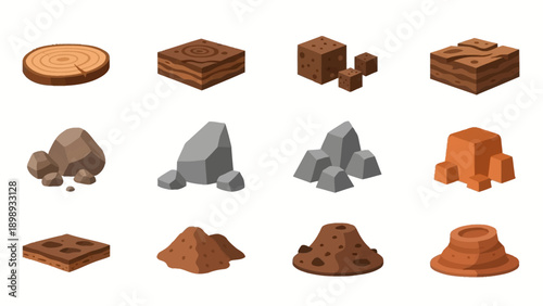 Assorted 3D illustrations of rocks and geological formations displayed against a clean backdrop, showcasing various textures and earthy tones