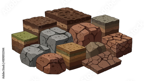 Collection of assorted 3D rendered soil and rock samples displayed from an overhead viewpoint