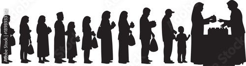 Muslim people in a queue waiting for food or donations at a distribution point, silhouette.