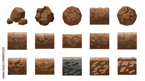 Collection of rocky terrain textures and earthy stone surfaces displayed in a grid format from various viewpoints