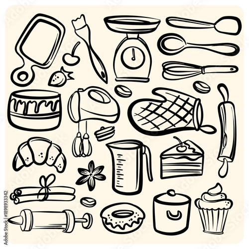 Hand-Drawn Bakery and Kitchen Tools Doodle Set in Black and White Outline.