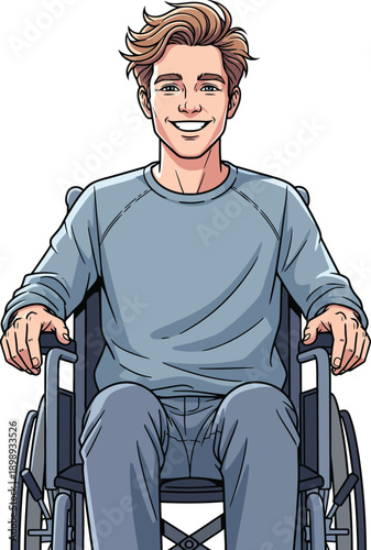 Illustrated young man with wavy brown hair sitting in a wheelchair smiling happily at the camera.