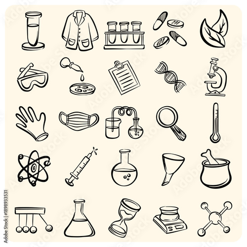 Science Laboratory Equipment and Research Icons Set